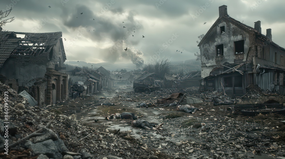 A ruined village with the bodies of soldiers scattered among the debris A ruined village with the bodies of soldiers scattered among the debris