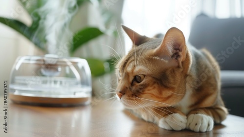 A close-up of a cat intently observing a modern vaporizer on a wooden table, with plants and a couch in the background, showcasing a serene domestic setting. photo