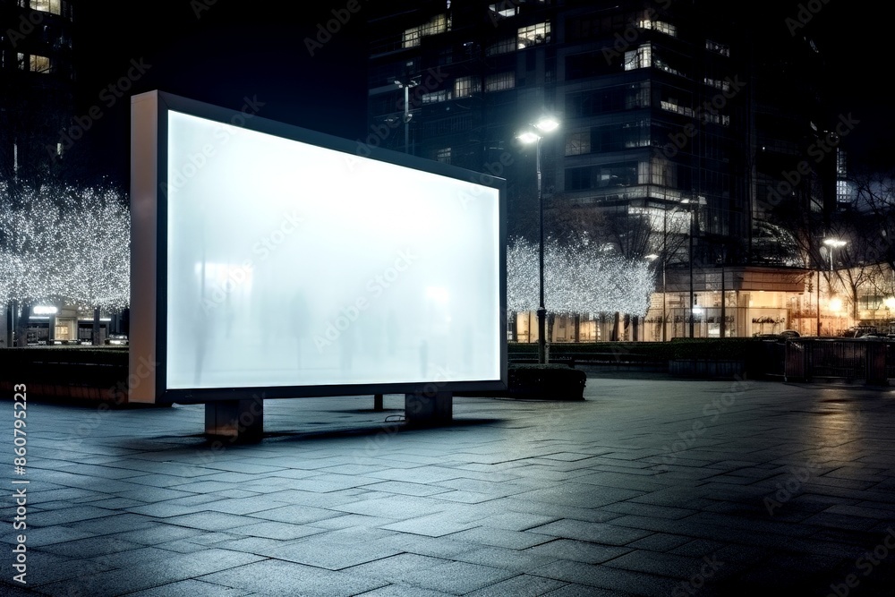 Blank billboard illuminated at night in an urban plaza with modern buildings and streetlights in the background. Blank billboard illuminated at night in an urban plaza with modern buildings and streetlights in the background.