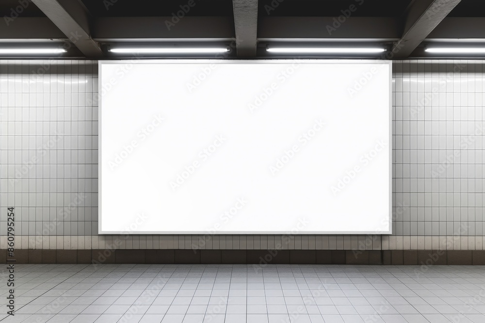 Blank white billboard in an empty subway station with tiled walls, perfect for advertisement mockups and urban scene backdrops. Blank white billboard in an empty subway station with tiled walls, perfect for advertisement mockups and urban scene backdrops.