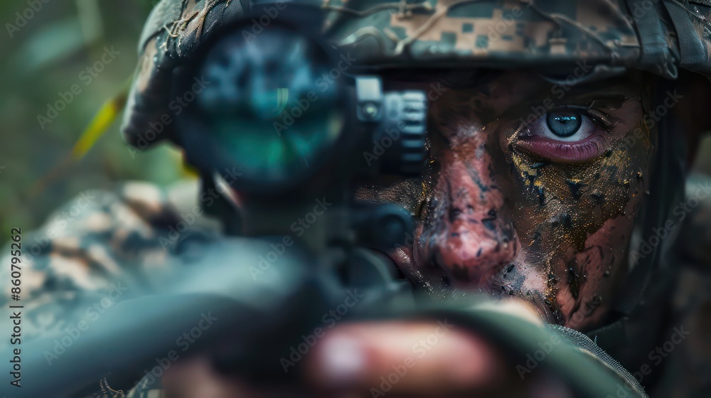 Obraz premium A soldier crouched in a sniper position