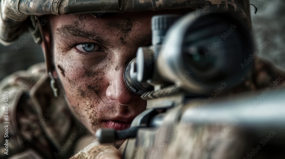 A soldier crouched in a sniper position A soldier crouched in a sniper position