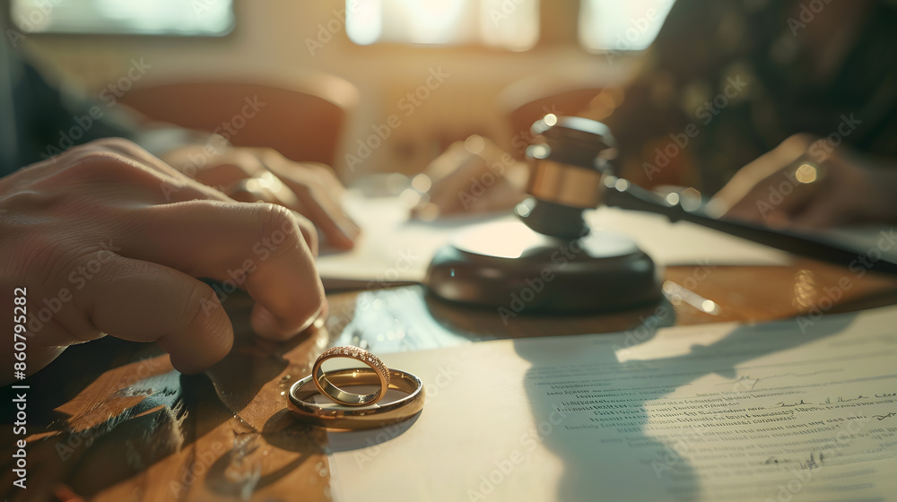 Wedding rings on wooden table with hand signing documents and judge gavel on the background Marriage and divorce concept : Generative AI Wedding rings on wooden table with hand signing documents and judge gavel on the background Marriage and divorce concept : Generative AI