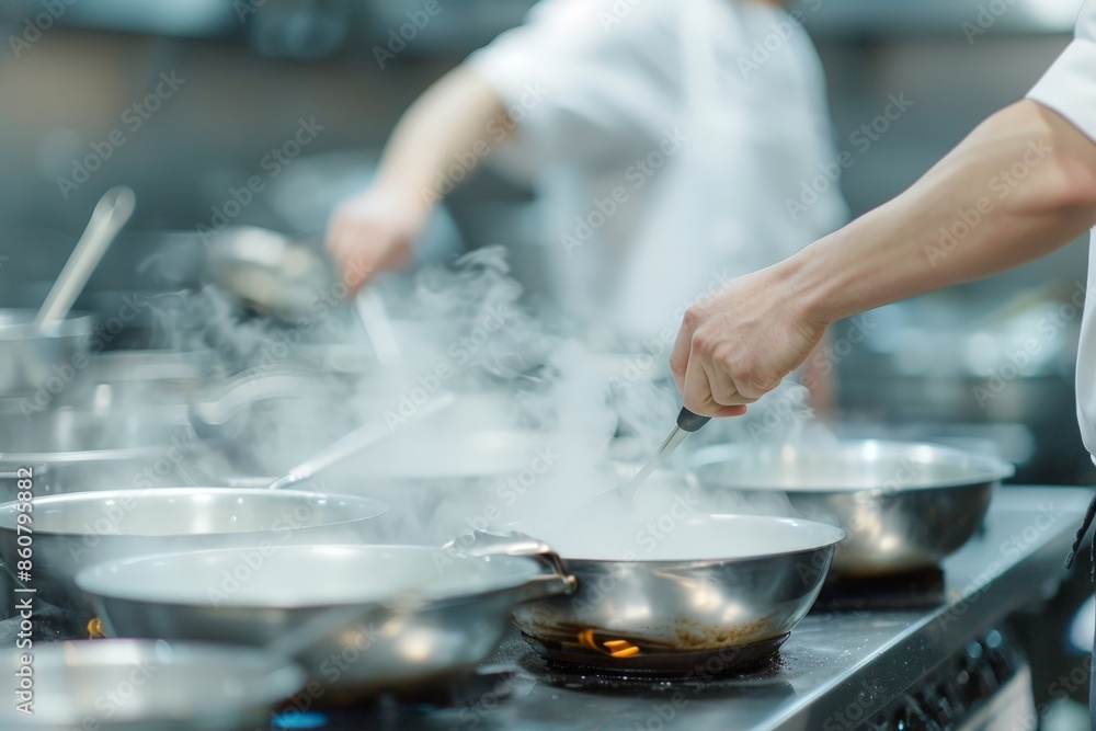 Chef cooking in a professional kitchen with steam rising from pots, showcasing the busy and dynamic environment of culinary arts. Chef cooking in a professional kitchen with steam rising from pots, showcasing the busy and dynamic environment of culinary arts.