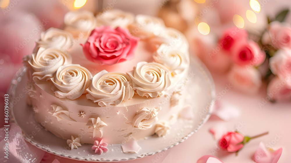Valentines Day cake decorated with cream roses on the table : Generative AI Valentines Day cake decorated with cream roses on the table : Generative AI