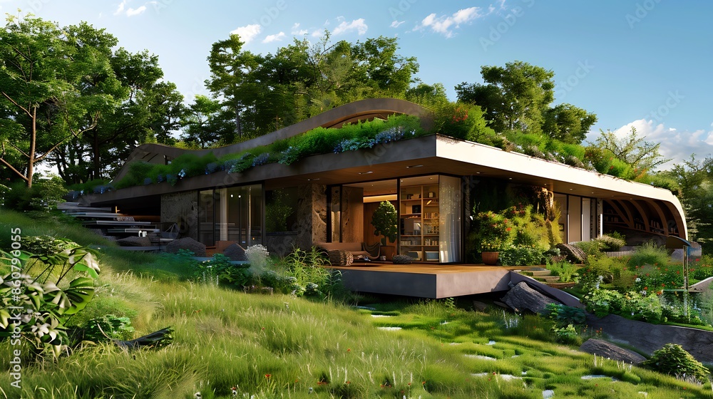 eco-friendly home with a living roof and walls that slide open to connect with a sustainable, permaculture garden, promoting an integrated eco-living environment eco-friendly home with a living roof and walls that slide open to connect with a sustainable, permaculture garden, promoting an integrated eco-living environment