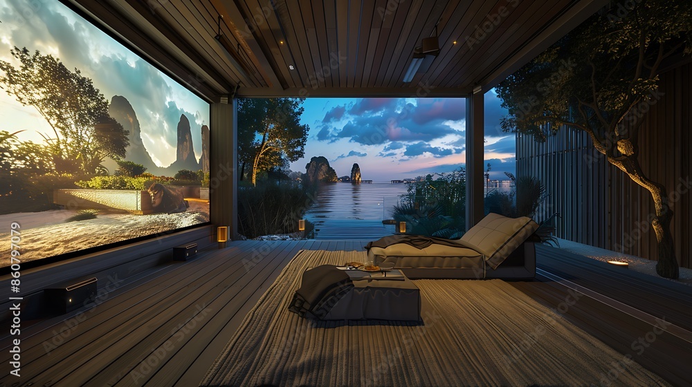 entertainment room with walls that fold back to merge with a landscaped outdoor cinema space entertainment room with walls that fold back to merge with a landscaped outdoor cinema space