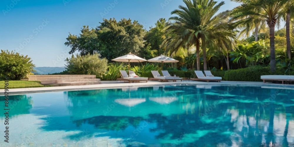 serene AI-generated swimming pool scene with crystal clear water, surrounded by lush greenery and stylish lounge chairs under vibrant blue skies, exuding a relaxing and inviting atmosphere