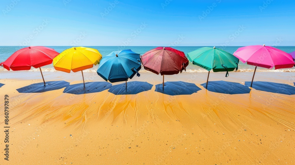 Vibrant beach umbrellas casting colorful shadows on golden sand under a clear blue sky Vibrant beach umbrellas casting colorful shadows on golden sand under a clear blue sky