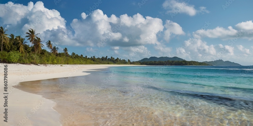 Obraz premium beach with sky, ndy tropical beach with island on background with gray and white 