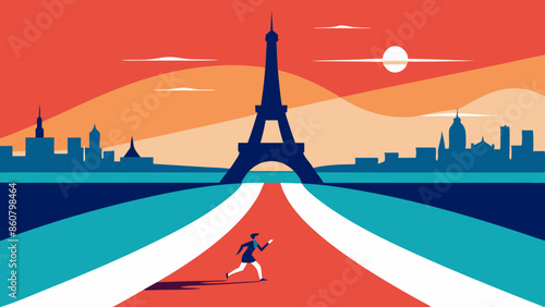Bold vector illustration of a runner on a colorful track leading to the Eiffel Tower against a sunset backdrop.