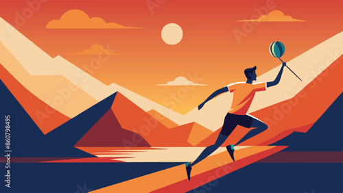 Stylized vector of a man running with a balloon against a mountainous sunset backdrop.