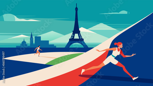 Colorful illustration of two runners racing with the Eiffel Tower in the background, symbolizing sports in Paris.