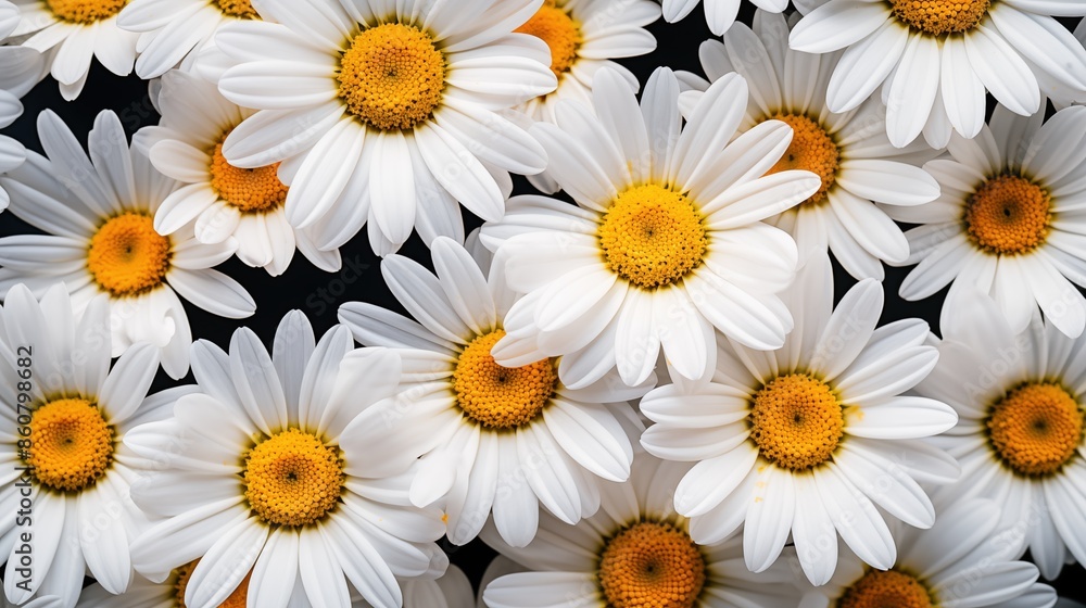 Fototapeta premium Blooming Daisy flowers composition. A close-up view of numerous white daisies with yellow centers, creating a vibrant and fresh floral pattern. Filled on full screen.