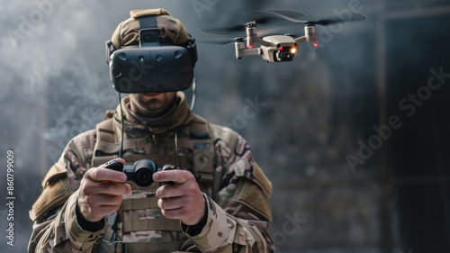 Soldier uses modern drone for surveillance, man wearing cyber VR glasses during war or training. Theme of army, military control, warfare, technology photo
