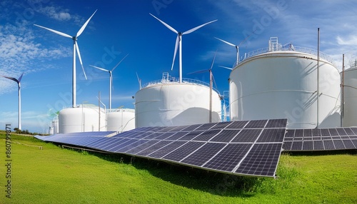 Highres photo of H2 white gas tanks clipped to solar panels and wind turbines on green grass, blue sky, realistic, Canon EOS R5 photo