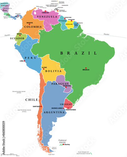 South America, multi colored political map with international borders and capitals. Continent, bordered by the Pacific and Atlantic Ocean, North America and the Caribbean Sea. Isolated illustration.