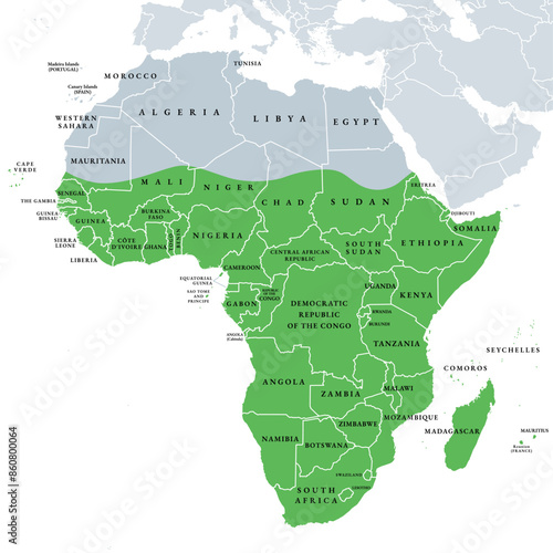 Sub-Saharan Africa, political map. Also known as Subsahara or Non-Mediterranean Africa. The area and regions of the continent Africa that lie south of the Sahara Desert. Isolated illustration. Vector