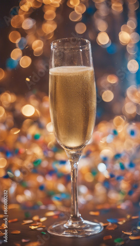 Close-up of a glass of champagne on the background of a party with confetti