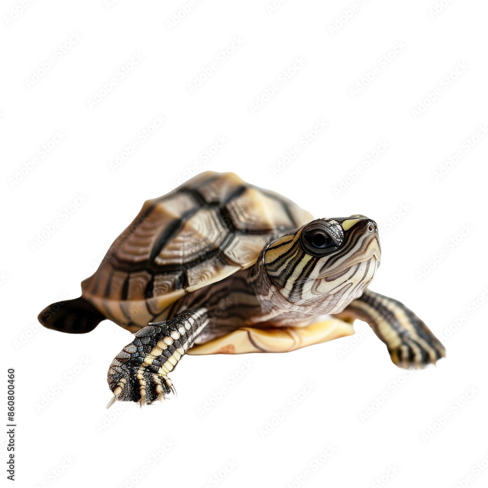 Obraz premium Close-up image of a young turtle isolated on a white background, showcasing its intricate shell pattern and curious eyes.