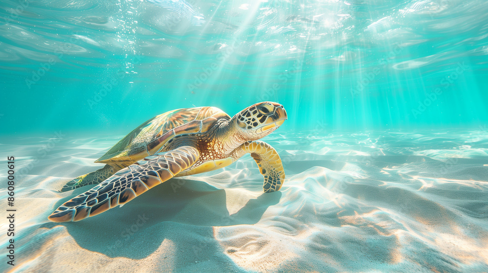 Obraz premium A serene underwater photograph of a sea turtle swimming gracefully over a sandy ocean floor, bathed in soft sunlight rays filtering through the water.