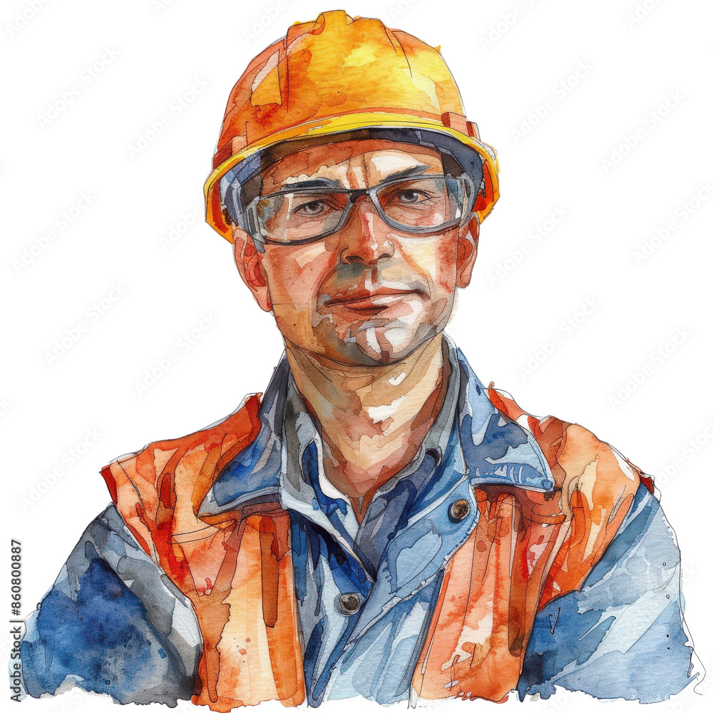 Fototapeta premium Watercolor illustration of a construction worker wearing a hard hat and safety glasses, symbolizing safety and dedication in construction.