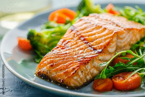 Grilled salmon fillet served with fresh vegetables, cherry tomatoes, and a side of broccoli. A healthy and delicious meal option.