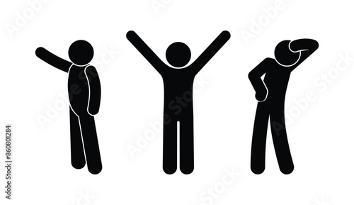 icon man raises his hands up, stick figure people, isolated stickman silhouettes
