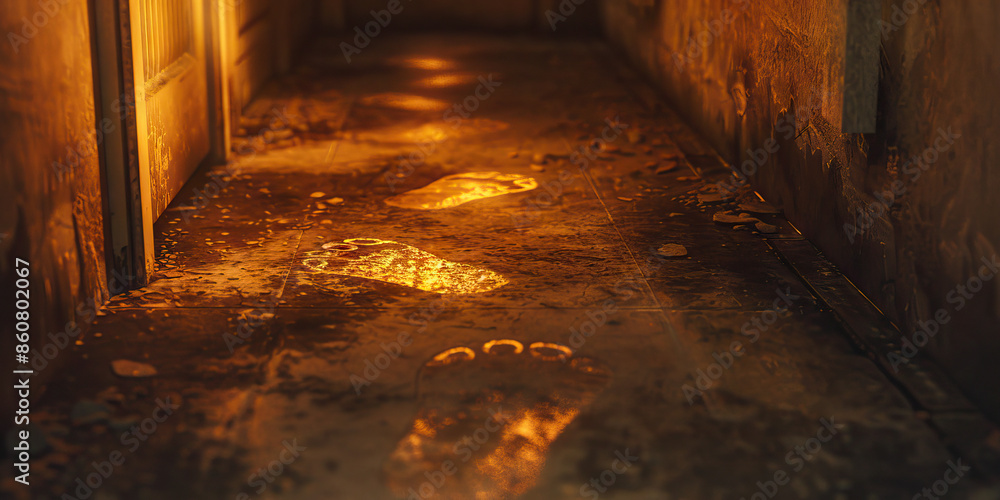 Close-up of spectral footprints glowing faintly on a dusty floor, leading to a mysterious, dark corner of the room Close-up of spectral footprints glowing faintly on a dusty floor, leading to a mysterious, dark corner of the room
