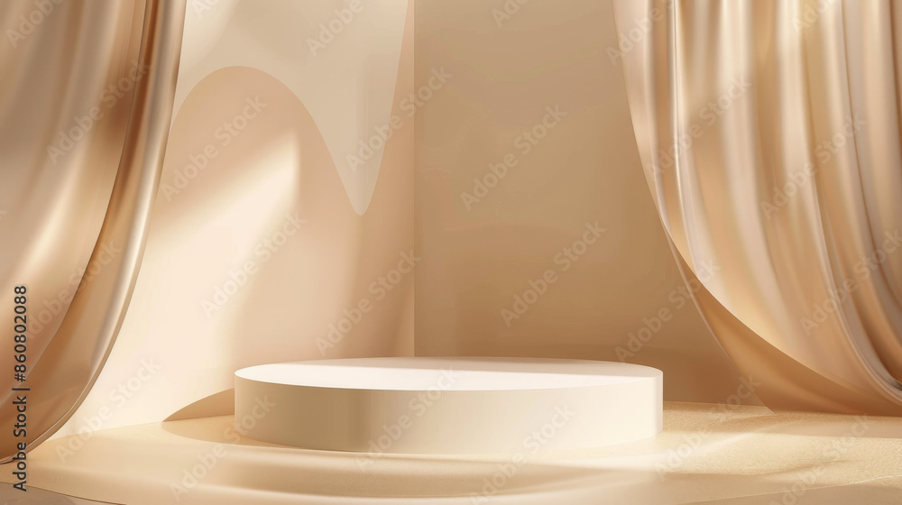 Minimal abstract beige background featuring a podium with a wave satin curtain. The round pedestal is designed for the presentation of natural cosmetics and beauty products. Minimal abstract beige background featuring a podium with a wave satin curtain. The round pedestal is designed for the presentation of natural cosmetics and beauty products.