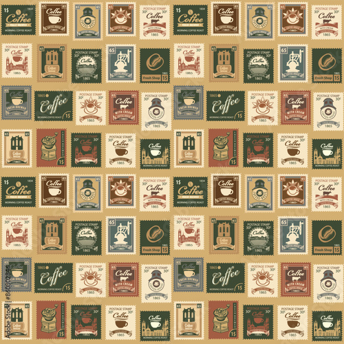 Seamless pattern on the theme of coffee and coffee house. Repeating vector background with various postage stamps in retro style. Suitable for wallpaper, wrapping paper, fabric, package. photo