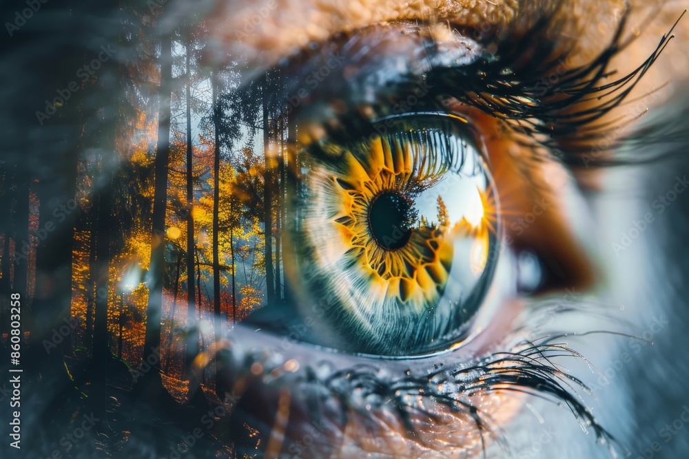 Surreal image of an eye with a forest reflection, symbolizing awareness, nature connection, and the beauty of life through a unique perspective. Surreal image of an eye with a forest reflection, symbolizing awareness, nature connection, and the beauty of life through a unique perspective.