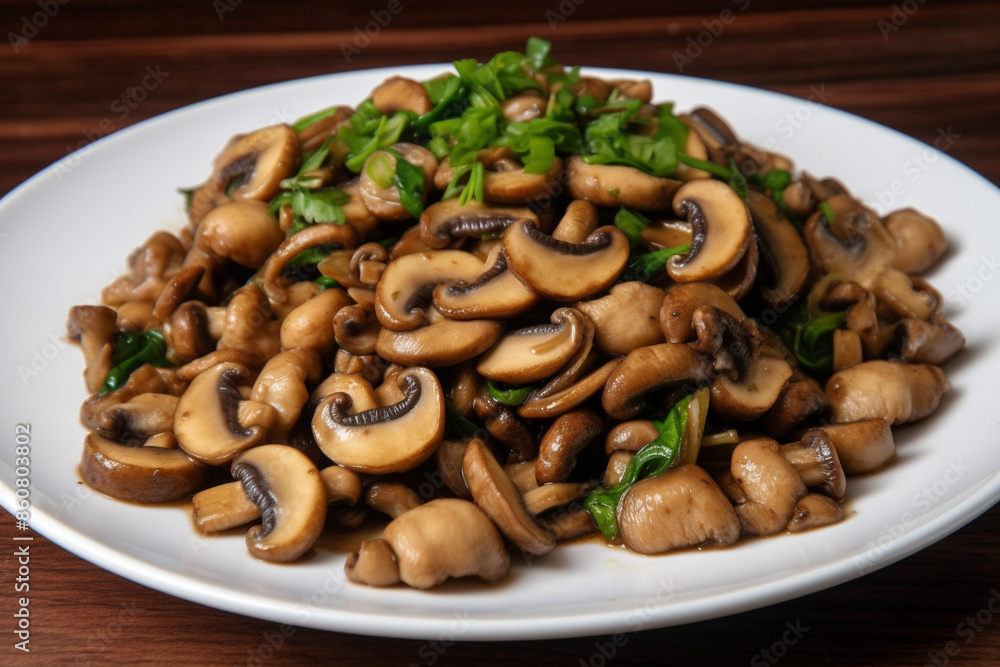 A plate of stir fry mushroom generative AI A plate of stir fry mushroom generative AI