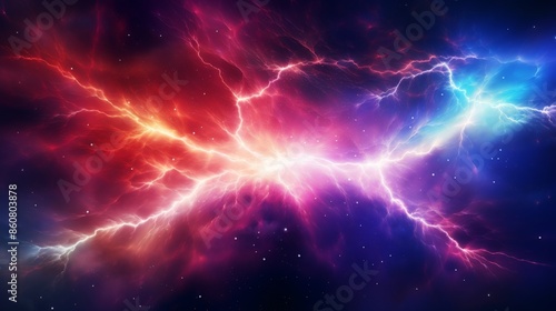 Vibrant cosmic energy with lightning bolts in a colorful nebula sky, perfect for backgrounds and sci-fi themes.