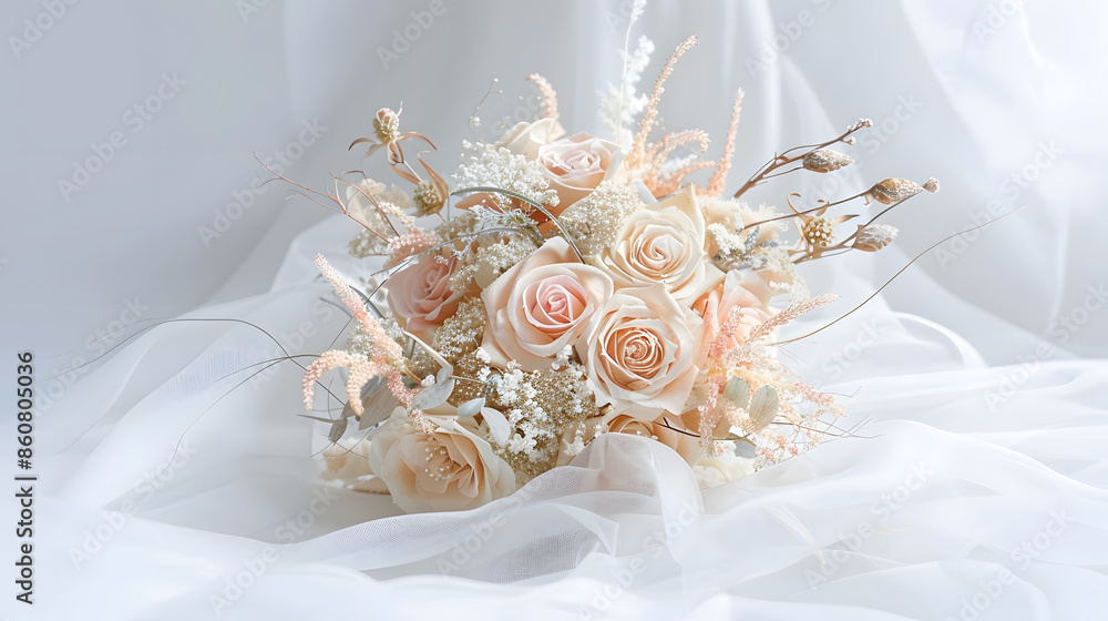 a beautiful delicate bouquet of stabilized flowers roses dried flowers twigs of leaves on a light background is isolated close selective focus bridal bouquet gift bouquet : Generative AI a beautiful delicate bouquet of stabilized flowers roses dried flowers twigs of leaves on a light background is isolated close selective focus bridal bouquet gift bouquet : Generative AI