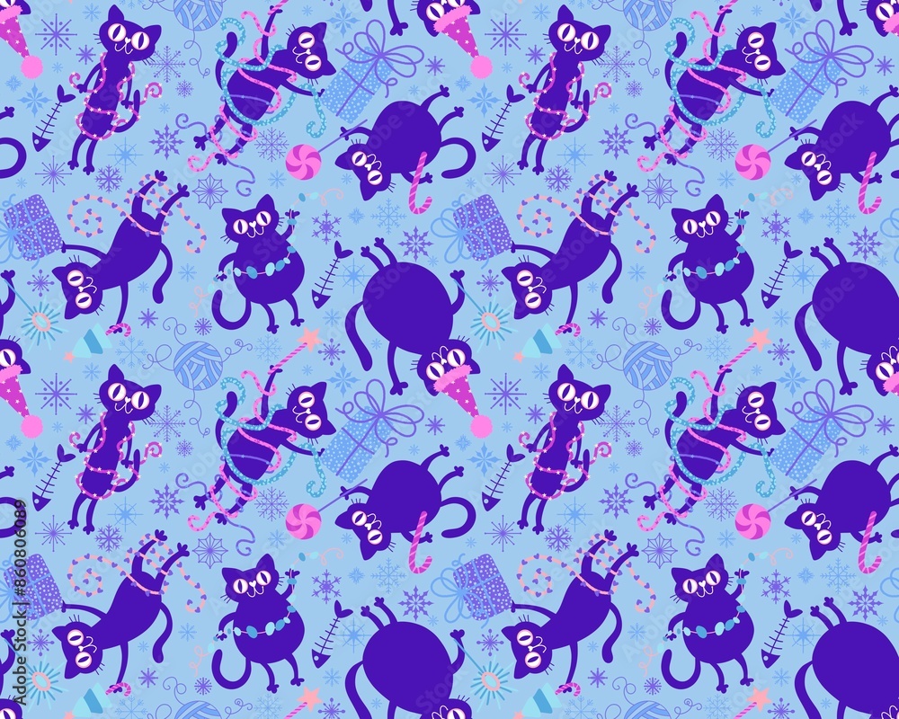Obraz premium Christmas cartoon animals seamless cats and toys pattern for wrapping paper