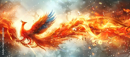 Phoenix bird fire fantasy firebird abstract magic 3D eagle animal. Phoenix bird fire tale character illustration render hawk fairy wings graphic feather gold background fenix logo icon red art pheonix