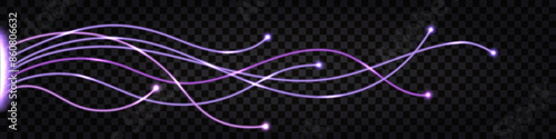 Fiber optic wave; swirl fibre line; purple neon glowing light effect, dynamic impulse waves. Cyber data banner design. element Isolated vector on transparent background