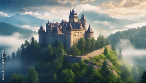 Wallpaper Mural Castle sitting atop a mountain peak surrounded by a dense fog and forest Torontodigital.ca