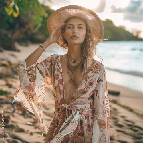 pretty woman wearing bohemian style outfit at beach photo