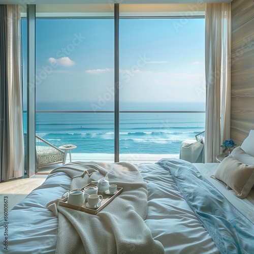 modern seaside luxury hotel room, apartment with background sea view: inside bed tea, balcony view, seaside holiday, beach hotel architecture concept