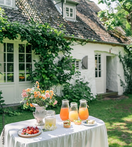 Stunning floral outdoor wedding reception table with beautiful centrepieces and colourful drinks photo