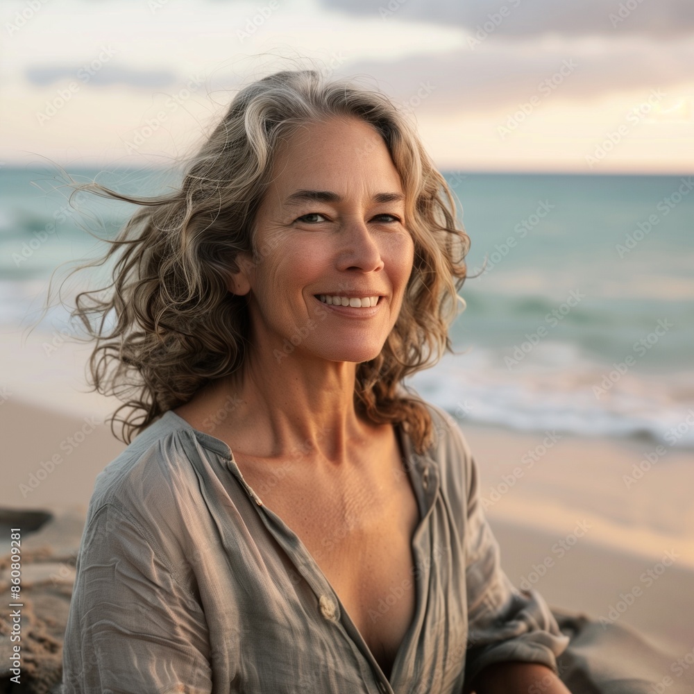 Happy 40 year old woman on the beach smiling with serenity Happy 40 year old woman on the beach smiling with serenity