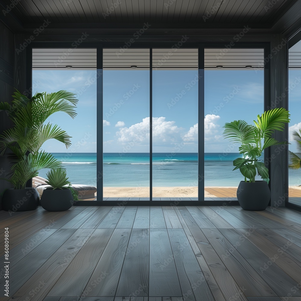 Fototapeta premium beautiful home interior space with black living room wooden floor with ocean seaside blue sky sea sand beach summer freshness travel season window view house design tropical style