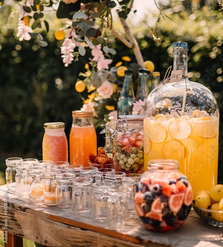 Stunning floral outdoor wedding reception table with beautiful centrepieces and colourful drinks photo