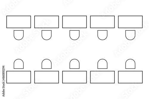 Seating arrangement in business workspace or classroom. Office desks and chairs furniture icons top view. Schematic plan of work place seatings. Vector graphic illustration