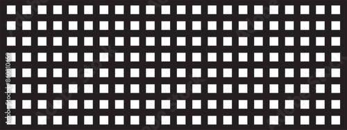 White repeating squares on black background. Checkered perforated texture. Peg board, radiator or speaker grill surface. Mosaic wall or floor pattern. Lattice print. Vector graphic illustration