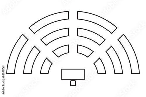 Auditorium seatings plan in semicircle arrangment. Schema of seats in classroom, lectorium or meeting, conference, training or seminar event. Desks and chairs icons top view. Vector illustration