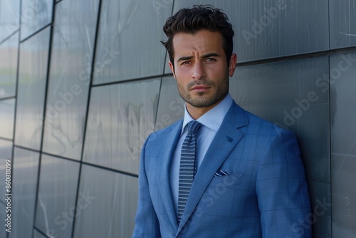 A well-dressed man in a tailored classic blue suit, posing against a sleek, modern architectural backgroundA well-dressed man in a tailored classic blue suit, posing against a sleek, modern architect