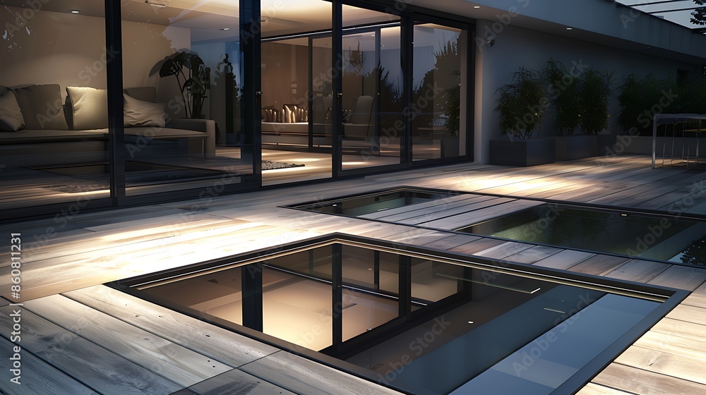 Fototapeta premium minimalist deck with hidden floor panels that lift to reveal a reflective pool